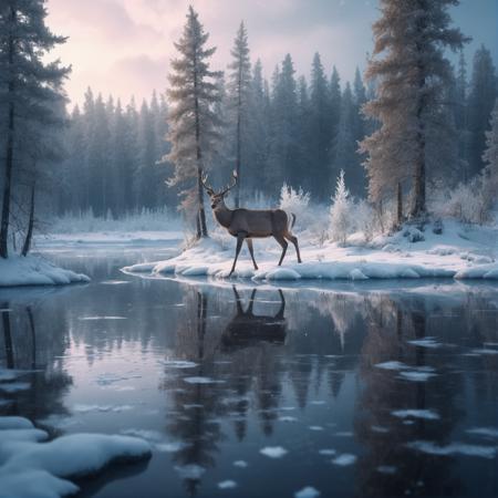 small lake surrounded by a frozen taiga forest, snow on the trees, winter, complex details, a deer near the water, masterpiece, nostalgic atmosphere, cinematographic lighting, sharp focus, 4k, photo, digital art, fantasy style