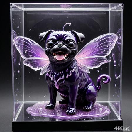 Simple pug, creatures, Poison type, fairy type, final stage, look happy and innocent,sharp claws, big sharp teeth, grin smile,full body,in a display case, pink skin, dark purple fur around it, purple goo wings dripping,deadly tail,1,solo,high-quality,beautiful detail,4k,8k,