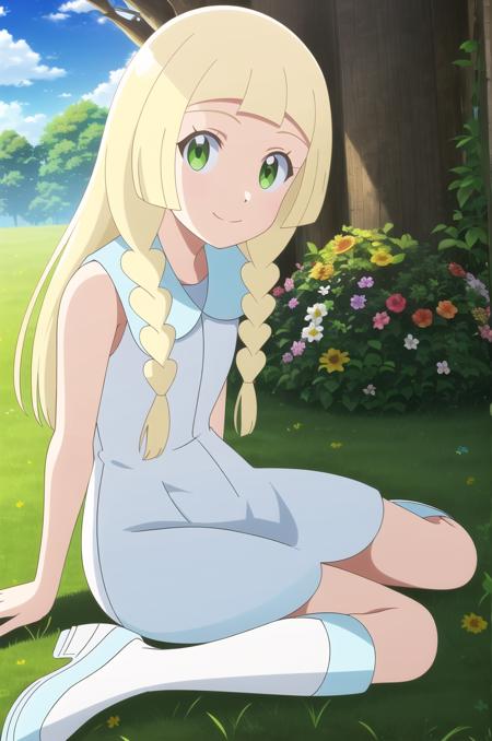 (masterpiece), high quality, detailed background, 1girl, solo,
<lora:PokemonLillie-v1-03:0.7>, ChopioLillie, blonde hair, long hair, blunt bangs, green eyes, (looking at viewer:1.3),
twin braids,
outfit_2, white dress, sleeveless dress, bare shoulders, white kneehighs, blue shoes,
sunny, blue sky, clouds, trees, flowers, smile, sitting on grassy hill, sitting,