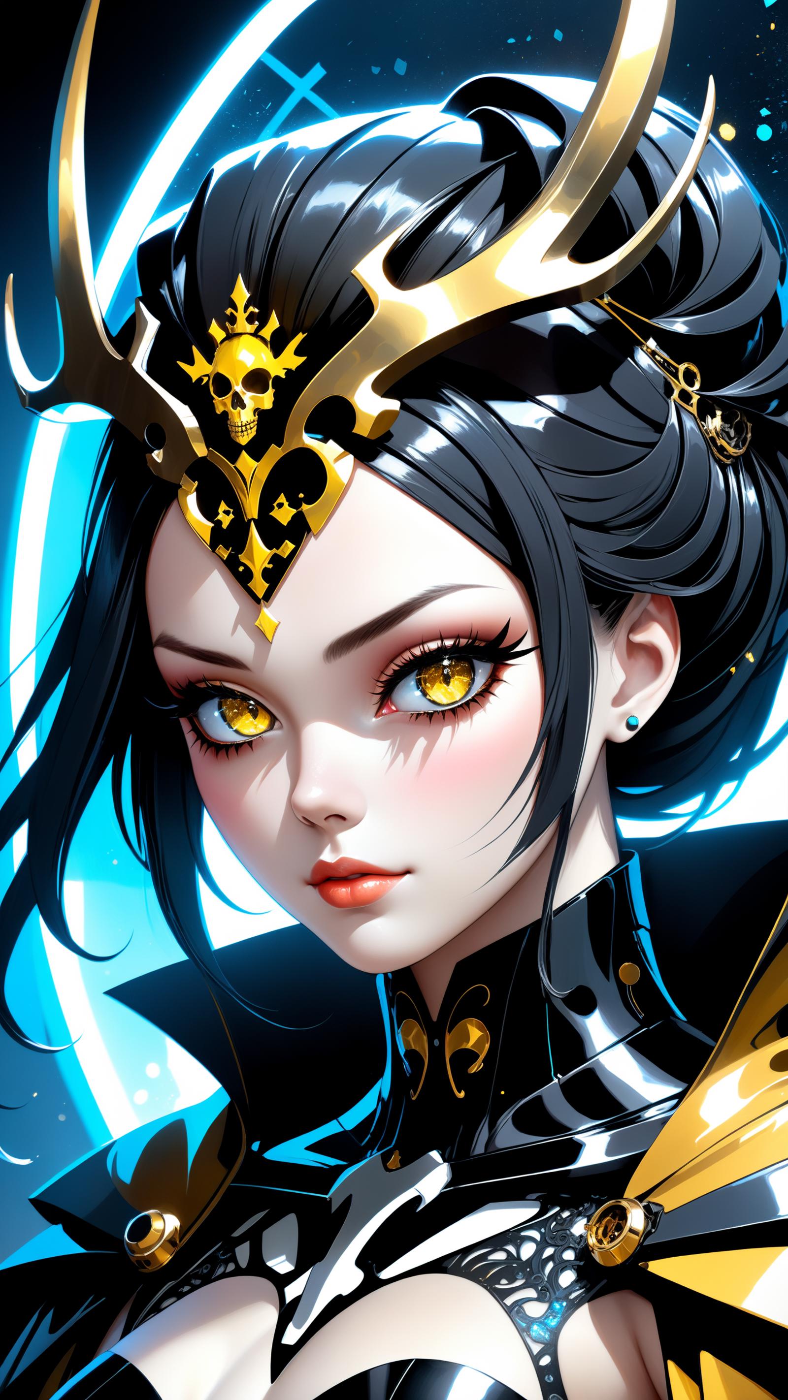 Blue-eyed Anime Girl with Black Hair and Gold Accents.