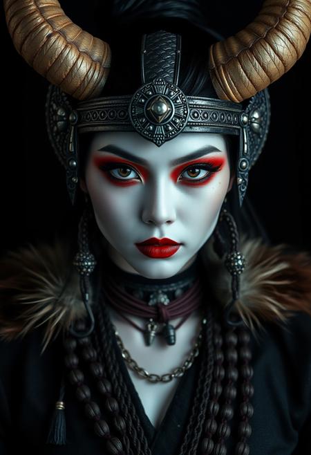 super close up shot, front view of a Beautiful japanese geisha warrior, asian eyes, barbarian armour, horns, fur, tribal necklaces, white skin, black makeup, sensual, erotic, sensual lips, flirty look on face, black clothes, Low saturation color photography, vintage, grunge, top light, masterful piece in the style of Oleg Dou photography, black background