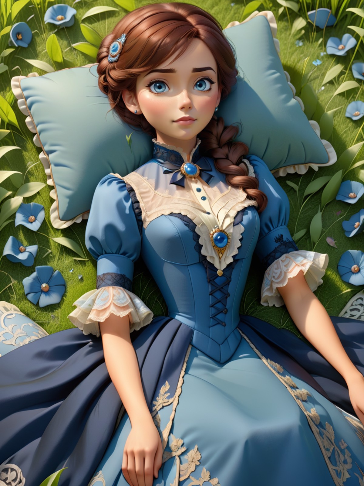 breathtaking woman wearing a blue (victorian dress), <lora:victorian_dress-XL-2.0:1>
lying on grass, pixar, pillow . award...