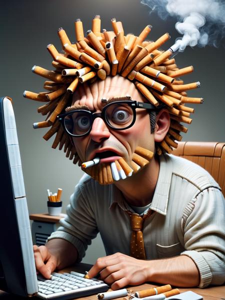 ral-cigarette, a short man with big glasses, hair made of smoking ral-cigarette, sitting in his computer corner, looking stupid with crazy face expresion, browsing the internet <lora:ral-cigarette-sdxl:1>