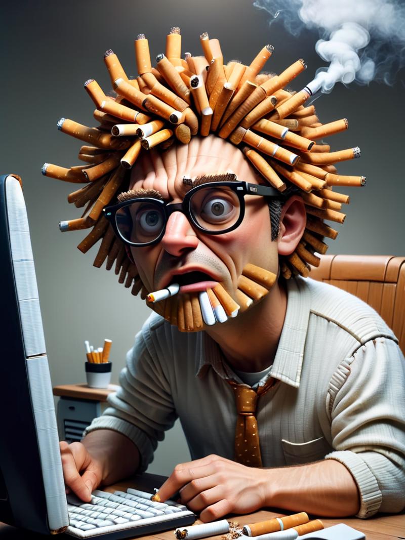 A man in a cubicle with a computer and a unique hairstyle made of cigarette butts.