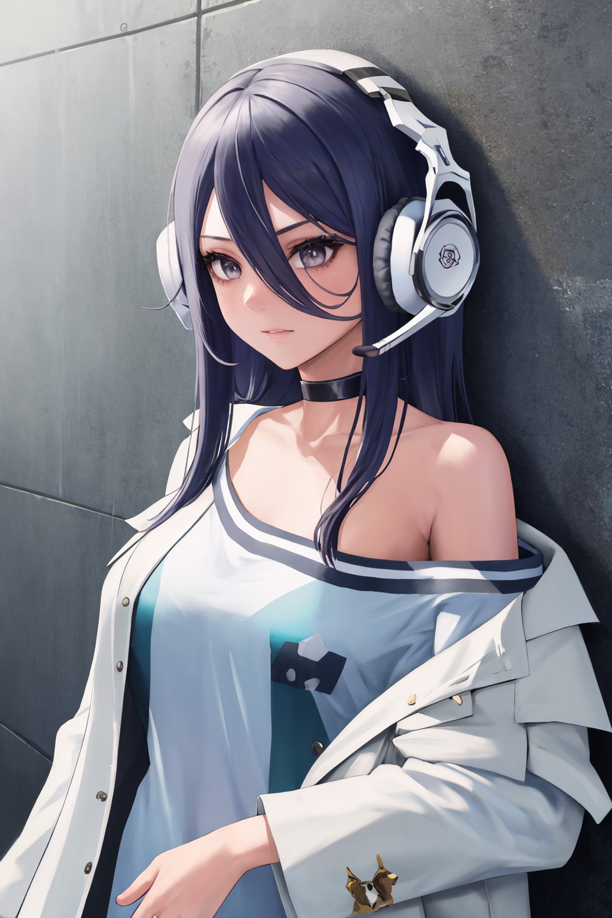 masterpiece, best quality, 1girl, solo <lora:exia-nikke-richy-v1:1> exiadef, headphones, choker, off shoulder, shirt, whit...