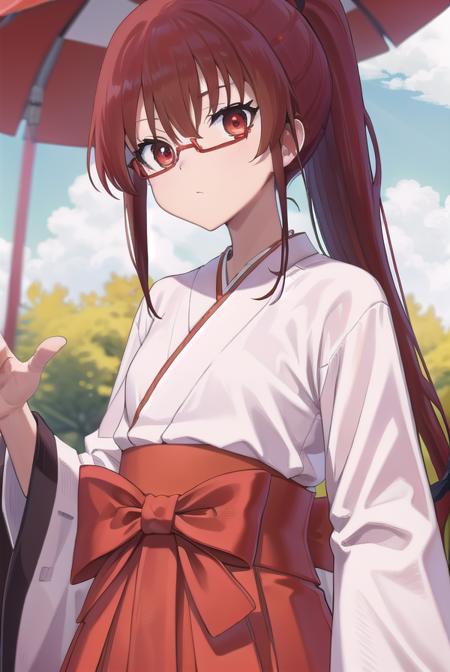 tomoekarijuku, <lora:tomoekarijukutest:1>, tomoe karijuku, long hair, (red eyes:1.1), ponytail, red hair, glasses, semi-rimless eyewear, red-framed eyewear,
BREAK skirt, japanese clothes, hakama, hakama skirt, miko, red hakama,
BREAK looking at viewer,
BREAK outdoors, shrine,
BREAK <lora:GoodHands-vanilla:1>, (masterpiece:1.2), best quality, high resolution, unity 8k wallpaper, (illustration:0.8), (beautiful detailed eyes:1.6), extremely detailed face, perfect lighting, extremely detailed CG, (perfect hands, perfect anatomy),