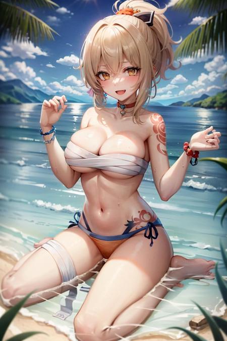 budget sarashi, solo, looking at viewer, collarbone, tattoo, beach, blush, navel, bikini,  1girl, kneeling, choker, sky, open mouth, stomach,  sarashi, orange bikini, flower tattoo, jewelry, swimsuit, bracelet, thighs, bandaged arm, hair ornament, beads, red choker, blue sky, hair between eyes, hands up, barefoot, bandaged leg, large breasts, wariza, water, ponytail, smile, cleavage, ocean, arm tattoo, bead bracelet, chest tattoo, long hair, fang, sitting, orange eyes, wristband, yellow eyes, outdoors, day, cloud, bare shoulders, blonde hair,  <lora:budget_sarashi:0.7>