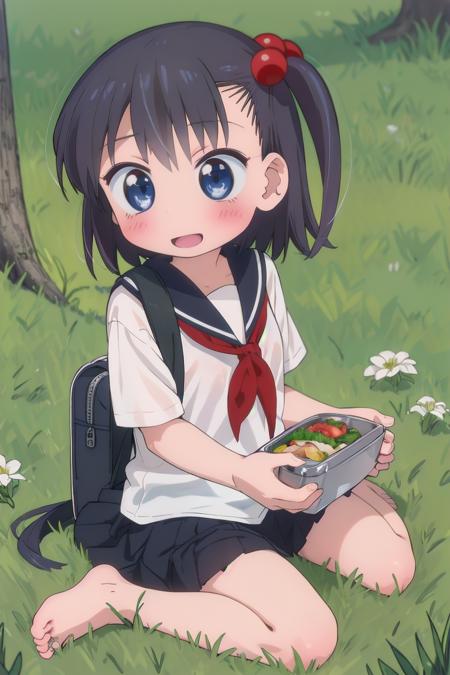 1girl, jcooya, smile, open mouth, 
hair ornament, hair bobbles, one side up, side ponytail, 
school uniform, serafuku, pleated skirt, black skirt, neckerchief, red neckerchief, (lunch box:1.1), school bag, barefoot, 
outdoors, public park, grass, sitting on ground, wariza, arched back, from above
<lora:OoyasanHaJC_Chie-v10:0.9>