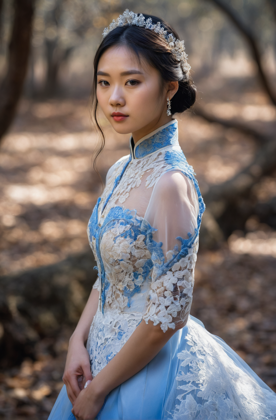 18 yo chinese girl,breathtaking,nature,dgtlv2,8k,((oak forest)),lose leaves,streams,representational,Focusing,fashion editorial,Victorian age white blue gold Lace newlyweds,looking at viewer,depth of field,<lora:add-detail-xl:0.7>,