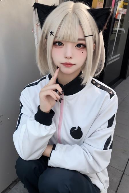 1girl, solo, hair ornament, looking at viewer, bangs, hairclip, short hair, long sleeves, blunt bangs, squatting, pink nails, pants, hand up, nail polish, black eyes, closed mouth, mole, white hair, lips, jacket, blonde hair, brown eyes, star (symbol)  <lora:MYXHS_v1:0.5>,cat ears, long hair, mask,