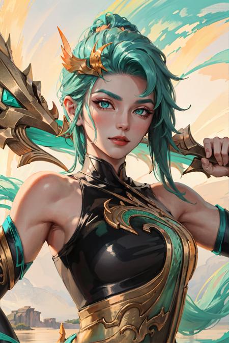 lagoon dragon kai'sa, 1girl, bodysuit, detached sleeves, hair ornament, bare shoulders, aqua hair, solo, detailed face, looking at viewer, upper body, (masterpiece:1.2, best quality)