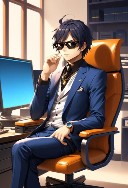 (IncrsXLDealWithIt:1.1),sunglasses, anime, 1boy, rich richy sitting on his herman miller chair on front of his expensive computer, wearing expensive watch, expensive clothes