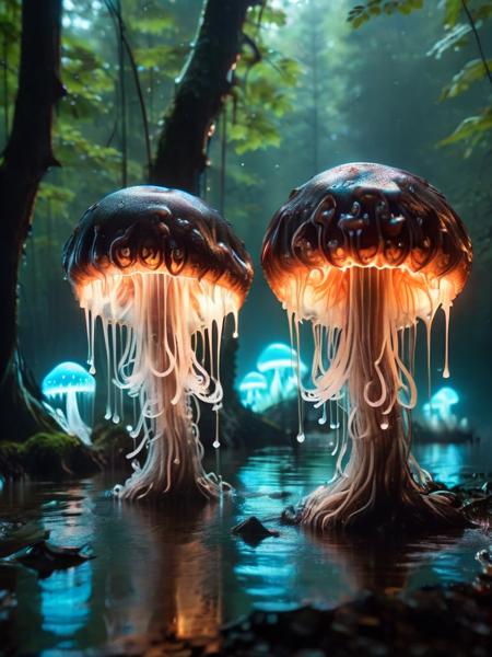 slimey jellyfish,mushroom, nature, forest, outdoors, tree, walking, water, river <lora:ral-blacklight-sdxl:1> made of ral-blacklight