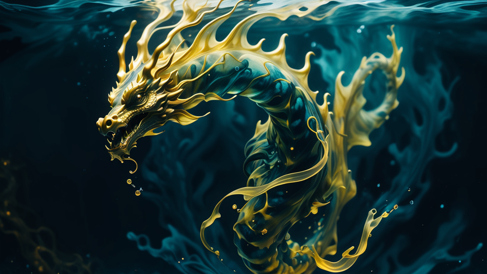 photograph, cinematic color grading, <lora:EnvyInkSwirlXL01:1>dragon made of glimmering dark goldenrod swirling ink, under...
