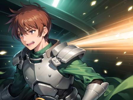 (hyper extreme detailed),(masterpeace),(hyper extreme),(photorealistic),CG,(colour:1.2), beautiful lighting,light from the front,1boy,solo, <lora:rance:0.6>,rance,blown hair,short hair,green armar,