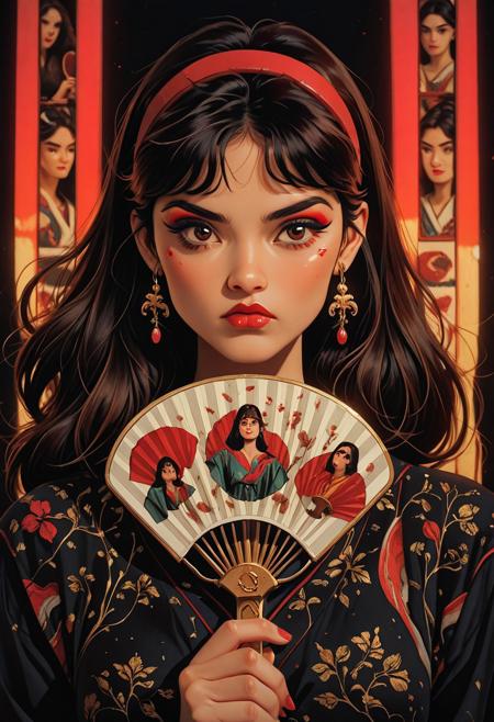 1girl, photograph, digital art, anime style, close-up, portrait, female, woman, medium skin tone, dark hair, bangs, straight hair, hairband, red hairband, partially obscured face, red fan, holding fan, traditional fan, gold accents, fan with intricate design, red lipstick, smudged makeup, smudged lipstick, dramatic eye makeup, thick eyeliner, gold earrings, detailed earrings, piercing, serious expression, intense gaze, brown eyes, eye contact, mysterious, seductive, dark background, red lighting, moody lighting, shadow, high contrast, artistic, stylized, detailed textures, smooth skin, glossy hair, elegant, mysterious atmosphere, cultural attire, traditional clothing, fan art, dramatic, captivating, visually striking, eye-catching, expressive, emotional, close-up shot, face in focus, background blurred, artistic composition, visual storytelling, digital painting, highly detailed, rich colors, vivid colors, red and gold theme, cultural symbolism, Japanese culture, traditional art, modern twist, contemporary art, fan art, digital medium, expressive face, captivating eyes, dramatic lighting, cultural fusion, artistic interpretation, traditional elements, modern aesthetics, detailed textures, rich hues, artistic expression, cultural significance, artistic interpretation, cultural fusion, traditional elements, modern aesthetics, artistic expression, cultural significance
pinkretroanime, retro art