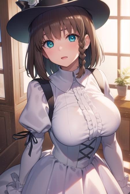 charlottecorday, <lyco:charlottecorday-lyco-nochekaiser:1>,
charlotte corday, braid, brown hair, (green eyes:1.5), short hair, side braid, (large breast:1.2),
BREAK hat, hat flower, juliet sleeves, long sleeves, puffy sleeves, (white dress:1.5), frills, top hat, black top hat,
BREAK looking at viewer,
BREAK indoors,
BREAK <lyco:GoodHands-beta2:1>, (masterpiece:1.2), best quality, high resolution, unity 8k wallpaper, (illustration:0.8), (beautiful detailed eyes:1.6), extremely detailed face, perfect lighting, extremely detailed CG, (perfect hands, perfect anatomy),