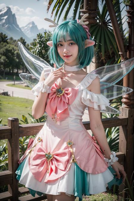 yao cosplay costume, aqua hair, dress, shoulder cutout, frills, choker, wrist cuffs, antlers, horns, bow, wings, hair ornament, animal ears, hair bow, hairclip, socks, kneehighs, shoes, high heels