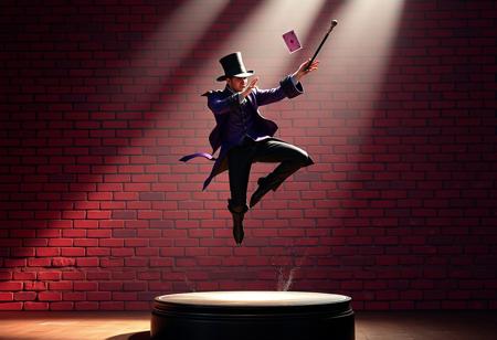 Highly detailed acrobatic magician in dynamic mid-air pose, juggling pink card & black staff, elaborate purple & black costume, on spotlighted stage base, gritty red brick wall backdrop. 4K, Unreal Engine 5, Octane render, dramatic lighting, cinematic, Golden Ratio, Artstation trending, Splash Ink illustration.