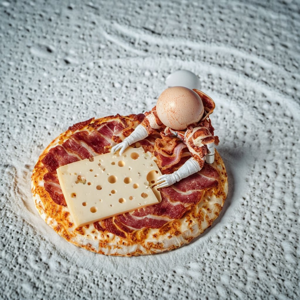 (astronaut, moon surface, holding egg:1.1) made of bacon, (moon made of swiss cheese:1.3),  2000s vintage RAW photo, photorealistic, film grain, candid camera, color graded cinematic, eye catchlights, atmospheric lighting, macro shot, skin pores, imperfections, natural, shallow dof, enhanced textures, creative, beautiful, vibrant, masterpiece, 8k, Ultra HD, amazing details, amazing quality, amazing artist, sharp edges, detailed textures, full view, atmospheric lighting, amazing visuals, highly detailed, realistic, fine fabric detail, absurdres, highly-detailed, best quality, masterpiece, very aesthetic, aidmamj6.1, ral-bnz