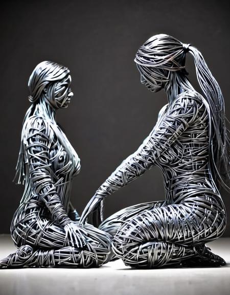 wire sculpture, kneeling, ponytail, 1girl, breasts, long hair, sitting, monochrome, polished, beautiful, delicate, highly detailed, intricate, sharp focus, cool, futuristic, background, illuminated, cinematic, pristine, artistic, grand, decorated, deep vivid, very inspirational,, thought, clear, dramatic, dynamic, light, color, epic
 <lora:WiredXL:1>, , <lora:FILM_PHOTOGRAPHY_STYLE:0.25>