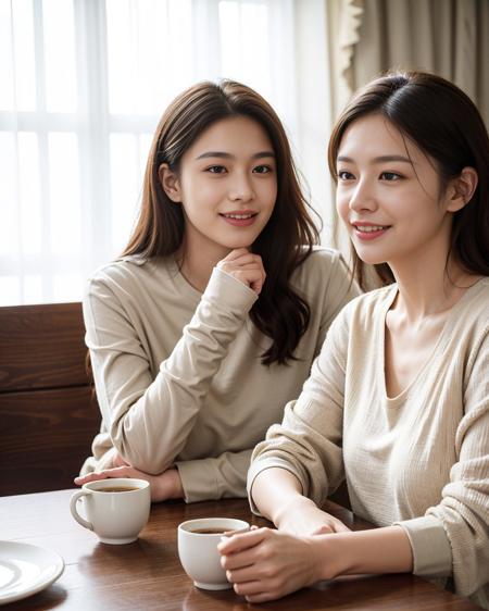 2girls women sitting at a kitchen table drinking coffee in large modern luxury home casual clothing love warmth caring compassion loving smiling Lighting-Gold dusty (masterpiece:1.2) (photorealistic:1.2) (bokeh) (best quality) (detailed skin) (intricate) (8k) (HDR) (cinematic lighting) (sharp focus) (Clutter-Home:1.2)