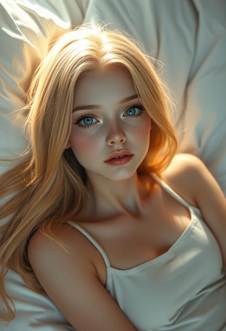 masterpiece, best quality, ultra-detailed, high resolution, digital painting, cinematic lighting, soft shading, perfect anatomy, sharp focus, beautiful face portrait orientation, 8k resolution, symmetrical composition, depth of field, glowing light, subsurface scattering, vibrant colors 
A breathtaking hyperrealistic-style girl with long flowing golden glowing sunlit blonde hair, soft blue eyes, flawless glowing skin, long eyelashes, A breathtaking anime-style girl with long flowing blonde hair, soft blue eyes, flawless glowing skin, wearing a light, sleeveless white top or dress, calm and serene expression, delicate and elegant facial features, relaxed body language, calm and serene expression, delicate and elegant features, soft curves, intrepid gaze, perfectly glossed soft pink lips, gorgeous small medium breasts, 
Lying peacefully on a soft white bed with crisp sheets, gentle natural light filtering in, slight shadows adding depth to her form, subtle warmth in the lighting, cozy and intimate atmosphere, background blurred to keep focus on her