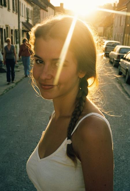 analog film,amateur photography,candid amateur photo,  grainy photo,faded:0.1, vintage photo, ((medium close shot)), walking in street,front view, 
((photo taken to date, woman's silouhette, details are not seen, sun in the background)))
candid amateur photo of a beautiful girl, (((against light picture, silouette)), 25 years old, 1980's, long braid hair,in streets, small coutry village, soft pretty smile,