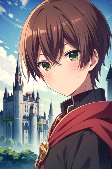 masterpiece, best quality, illustration, 1boy, solo, male focus, looking at viewer, , depth of field, , , <lora:shinya_momotsuki:0.66>, shinya_momotsuki, brown hair, green eyes, , A dark, foreboding castle where a wicked queen reigns,