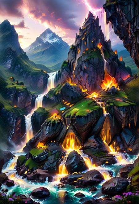(by Ellen Jewett:1.5), (Bioluminescent Impressionism, Scottish highland  landscape, Flow in the Name of fire* *Channel_42* *中* *Broadcasting* *Artificially_Atypically_Autistically* *Magnetic**Synesthesia* *fire* *lightning*, The Dreamland, green earth, heather, sky sunset, sunrise ,waterfall, great castle on a crag, Crag, highland mountains, ethereal landscapes, depth of field, biotech emotion:1.3) <lora:xl_more_art-full_v1:0.5> <lora:add-detail-xl:1> <lora:RMSDXL_Creative:2>*Channel_42* ral-wlfnte
