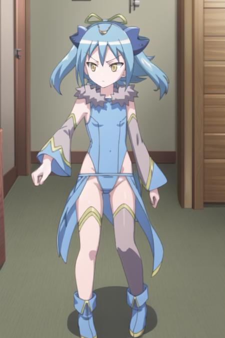 mrbl blue hair, yellow eyes, single thighhigh, detached sleeves, leotard, hair ribbon, asymmetrical legwear, twintails, boots, horizontal string around hips