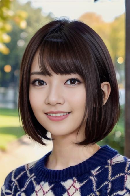 masterpiece, best quality, photorealistic, 4k, highres, closeup portrait, looking at viewer,
1girl, piercing eyes, perfect face, detailed face, detailed skin, wearing a sweater, medium breasts, bob cut hair, kind smile, outdoors, <lora:nanamin_11:0.8>