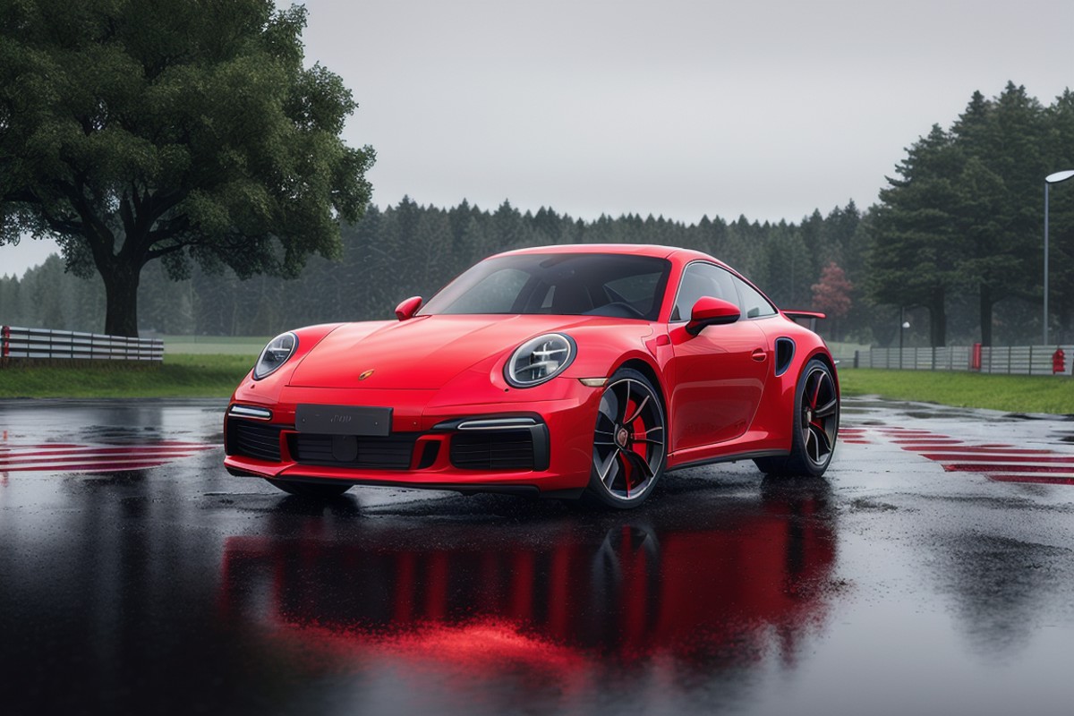 a professional shot of (porsche911_ti-v4-1050:0.99) in red,rainy,puddles,rtx reflections,  modelshoot style, (extremely de...