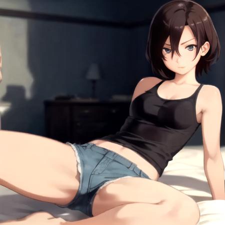 , masterpiece, Highest Quality, Highest Resolution, perfect background, perfect perspective, sharp image, perfect details, perfect lighting, perfect shadows, Perfect lighting, Best background, SaltyIcecream, perfect anime style, anime eyes, detailed eyes, 1girl, laying on bed, tank top, tired, eyes half closed, short shorts,