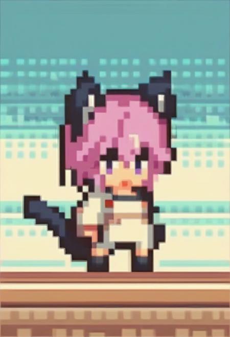 score_9, score_8_up, score_7_up, nia, cat girl, cat tail, chibi, pixel art, full body, outdoors, convenience store