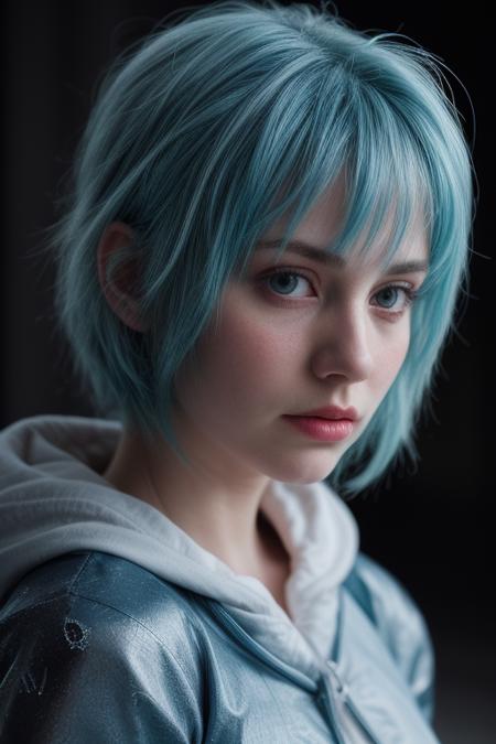 macro shot of a ghostly female silhouette, messenger of ice, frozen armor,  canvas hood, elements, ice from inside, neon blue hair, cinematic still, movie screencap, dynamic angle, 100mm f/2.8 macro lens, hard shadows, <lora:glowneon_xl_v1:1>,  <lora:more_details:0.8>