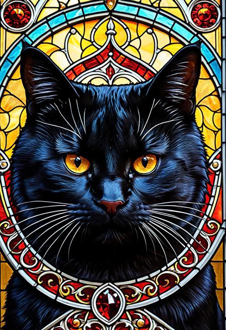 Stained glass style ,  as (((stained glass))),a black wild cat, insane look, gothic church, knight decorations, IAM GOING TO FUCKING MURDER YOU LOOK, angry and mad look at the viewer, close-up, (epic composition:1.4), (talent:1.2), ultra detailed, highly detailed, insanely detailed, , exquisite, sharp, elegant, ambient lighting,, high quality, <lora:add-detail-xl:3> , colorful . Vibrant, beautiful, translucent, intricate, detailed, . Vibrant, beautiful, translucent, intricate, detailed