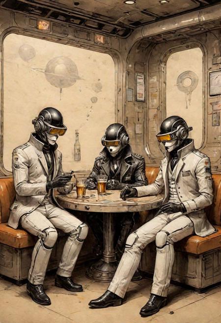 ink illustration, on parchment, ink splashes, ink stains, ink smears, faded ink, (futuristic:1.5) ,Killer penguins relax in a strip club, steampunk, mentixis, linquivera