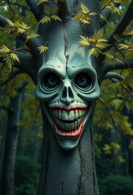 "Illustrate a vibrant, hyper-realistic image of a tree with Jeff the Killer's face, as if the infamous creepypasta icon has merged with the natural world. The tree's trunk is transformed into Jeff's pale skin, with a twisted, inhuman grin stretching across its surface. The eyes are two creepy, realistic eyes that seem to follow the viewer, adding to the overall sense of unease and dread. The leaves are a sickly, yellowish-green, with delicate, lacy textures that seem to quiver with an otherworldly energy. The overall effect is one of creeping, skin-crawling horror, as if Jeff the Killer has come to life and is now watching the viewer from the depths of the forest." highest-Quality, intricate details, visually stunning, Masterpiece