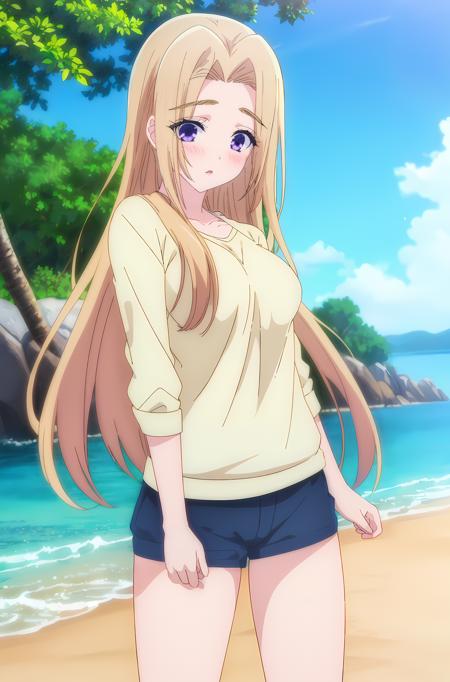 isaku senagaki \\(ojoutobankenkun\\) blonde hair, blush, purple eyes, eyelashes, long hair, bangs, parted lips, collarbone, medium breasts, school uniform