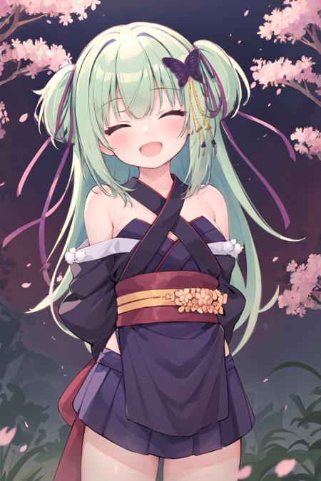 1girl, murasame, two side up, hair ornament, kimono, bare shoulders