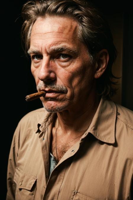 closeup portrait emotional photo of old man Daniel Sandner in rugged tan khaki  bluesman clothes, long messy hair, native ethnic necklace, face, smoking cuban cigar, 8k uhd, high quality,  film grain, looking at viewer, portrait, (skin pores:1.2), (moles:0.8), (imperfect skin:1.1), intricate details, goosebumps, flawless face, ((photorealistic):1.1), (raw, 8k:1.2), hyper realistic, HDR, cinematic, dark, muted colors, atmosphere, ((macro lens)), after dusk
<lora:entropy-alpha:0.1>