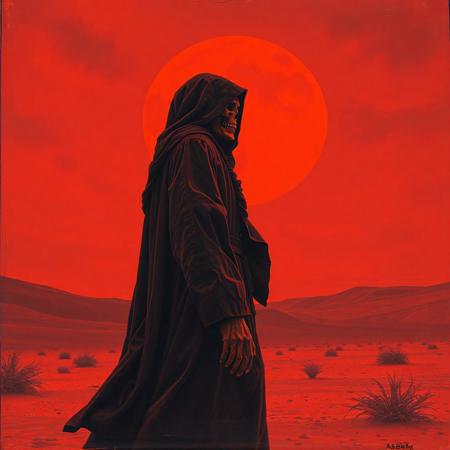 Dark art Side view of an cloaked ominous monk from the 70s-style pulp paintings dancing in a red mystical desert, The sky is red and otherworldy. The monks grinning skeletal face is barely visible. Duotone: Burnt orange and deep plum. Mood: Occult ritual meets 80's crinkled concert poster art style. Grim reaper, doom metal-style, gritty, desert ritual, tales from the crypt