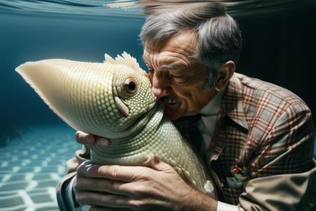 A man in a plaid suit making out with a geoduck, 4k photo, highly detailed, (ultrarealistic:1.3) <lora:RichardDawson:1>