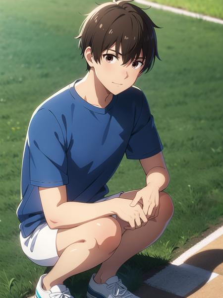 (masterpiece:1.2), (best quality:1.2), 1boy, solo, looking at viewer, smile, short hair, open mouth, brown hair, brown eyes, school uniform, :d, male focus, outdoors, teeth, solo focus, day,  bag, gakuran