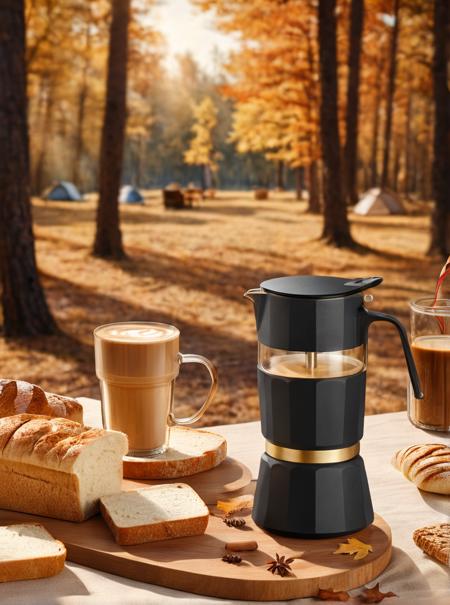 dianshang, BOTTLE, camping,bread,latte,tablecloth, blurry background ,forest ,autumn