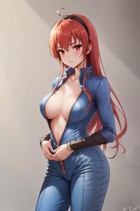 <lora:VaultJumpsuitV1:1>, blue_Vault_Jumpsuit, unzipped_jumpsuit, breasts,  number_on_jumpsuit,  Eris_Adult, <lora:ErisV14:0.6>, red_hair, red_eyes, black_hairband