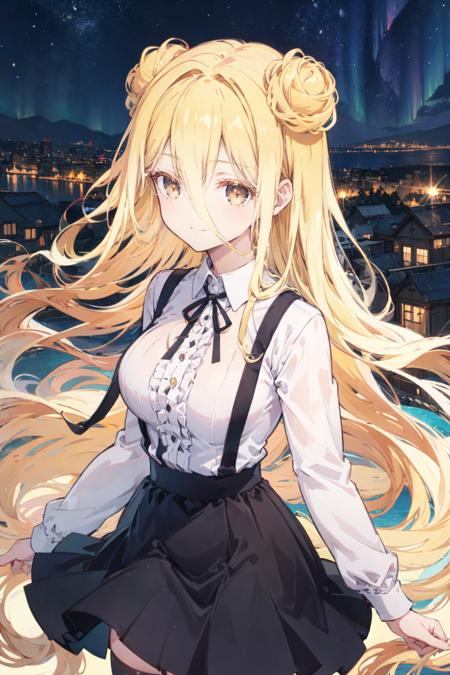 mmukuro,<lora:mmukurov8:0.8> ,blonde hair, double bun, very long hair, long bangs, hair between eyes