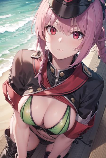 florencenightingale, <lora:florencenightingale-lora-nochekaiser:1>,
florence nightingale, pink hair, long hair, (red eyes:1.5), hair braid, sidelocks, folded ponytail, single braid, braid, braided ponytail,
BREAK belt, bikini, black footwear, black headwear, boots, garrison cap, gloves, green bikini, green gloves, green thighhighs, hat, layered bikini, microskirt, official alternate costume, purple belt, purple bikini, revealing clothes, short sleeves, skirt, swimsuit, thigh boots, thighhighs,
BREAK looking at viewer,
BREAK outdoors, beach,
BREAK <lyco:GoodHands-beta2:1>, (masterpiece:1.2), best quality, high resolution, unity 8k wallpaper, (illustration:0.8), (beautiful detailed eyes:1.6), extremely detailed face, perfect lighting, extremely detailed CG, (perfect hands, perfect anatomy),