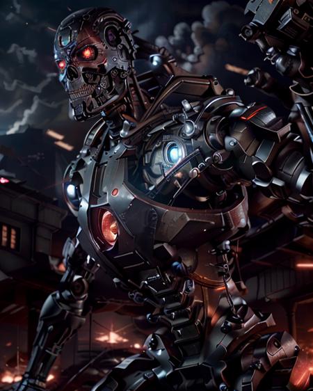 (<lyco:terminator:0.8>cyborg), (RAW photo, absurdres, high quality, photorealistic, detailed, realistic:1.3), robot (((full body action pose))), a high resolution photo of a robot, with red perfect circle glow eyes and metal shiny skull face and chrome metal body. ((metal reflex fire flames, fog, smoke and dark apocalypse background)), cinematic, atmospheric, 4k, Octane Render, photoreal, unreal engine, highly detailed, intricate detail, action, blue athmosphere,